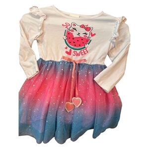 Vaschy kids Girls 3T Multicolor Cat & Fruit Print Party Dress Long Sleeve